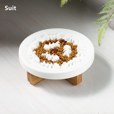 Solid Wood Heighten Pet Slow Food Bowl Cat Dog Ceramic Anti Choking