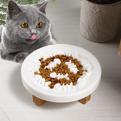 Solid Wood Heighten Pet Slow Food Bowl Cat Dog Ceramic Anti Choking